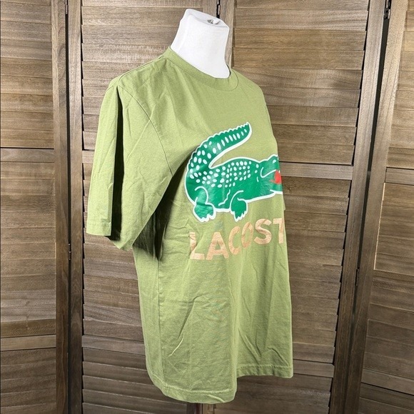 Lacoste Unisex Graphic T-Shirt Olive Green Large Logo Cotton Crew Neck Tee - Picture 5 of 11